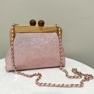 Pink Handmade Embossed Cowhide Wooden Frame Purse/with 2 Chain Styles